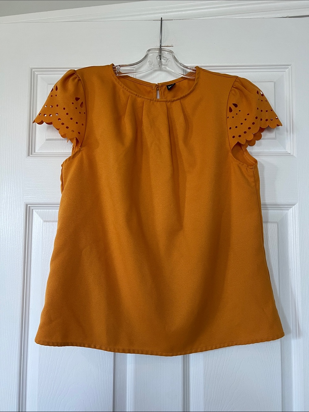 SHEIN Mustard Scalloped Eyelet Sleeve Blouse